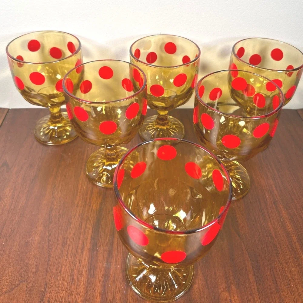 Anchor Hocking Amber Glass Red Polka Dot Goblets MCM Mid Century Barware SIX